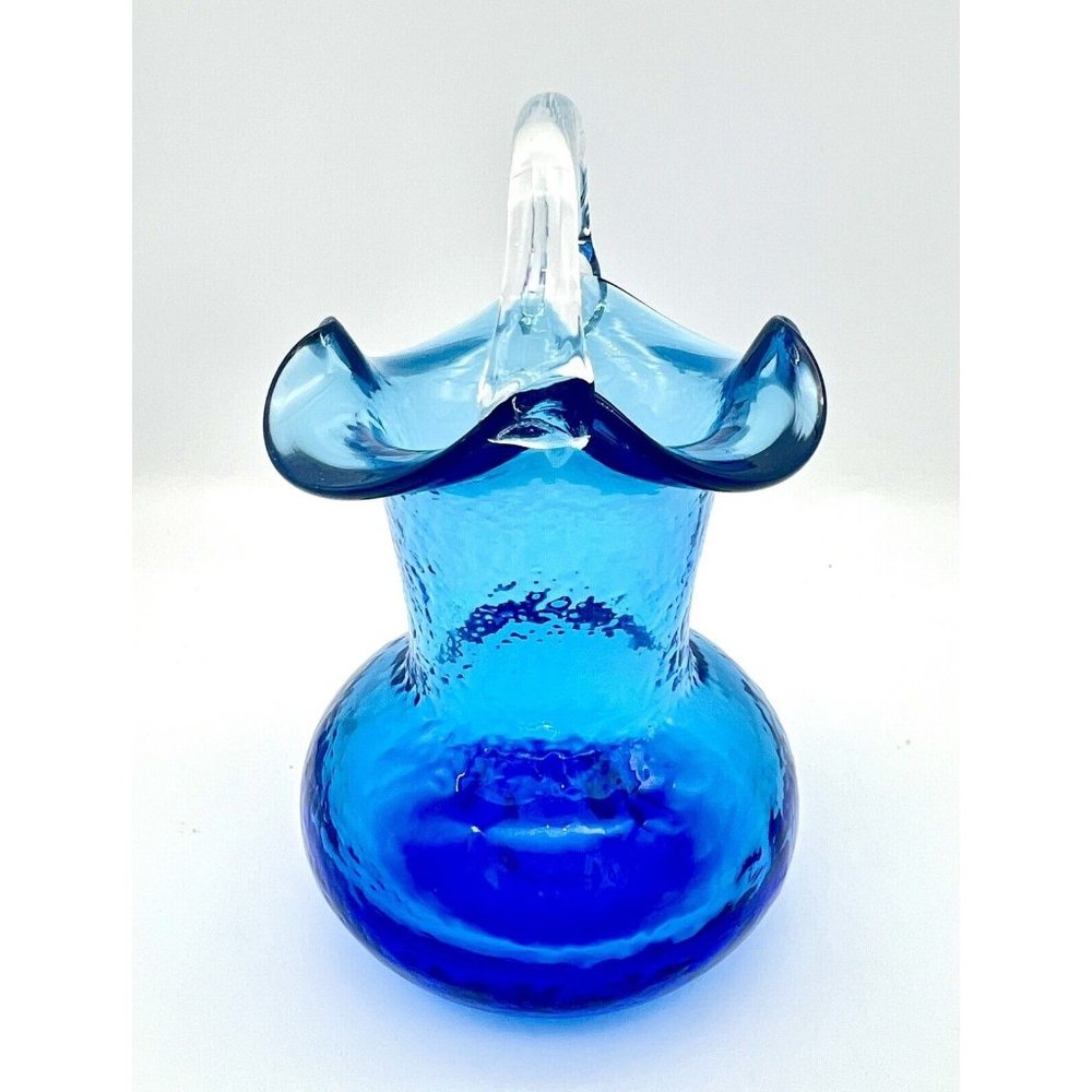 Vintage Cobalt Blue Art Glass Vase Basket Ruffle Rim Pontil Applied Handle 4.5" - Picture 4 of 6